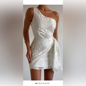 ShowPo Brailey Mini Dress One Shoulder Wrap Front in White Jacquard